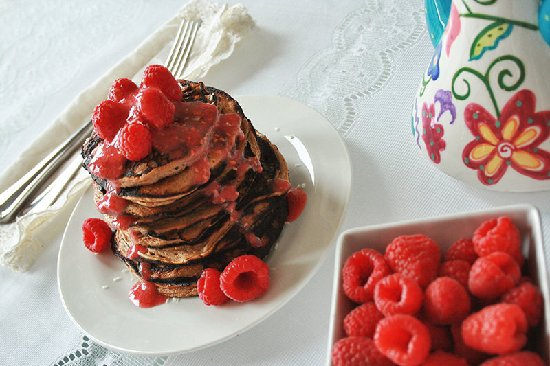 Banana Maca Pancakes with Raspberry Maple Syrup // JustineCelina.com