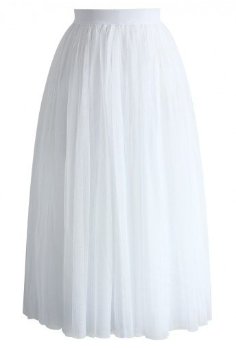  Ethereal Tulle Mesh Midi Skirt in White