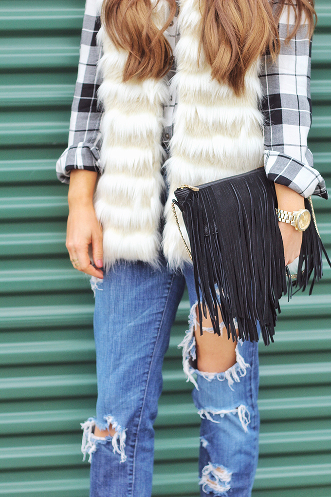 Faux Fur + Distressed Denim // JustineCelina.com