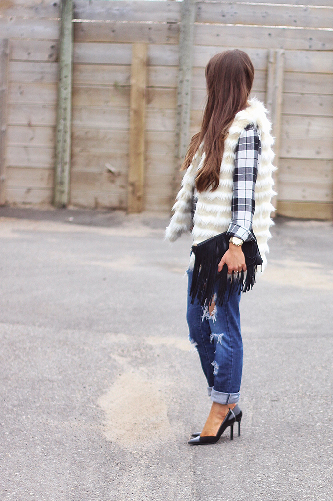 Faux Fur + Distressed Denim // JustineCelina.com