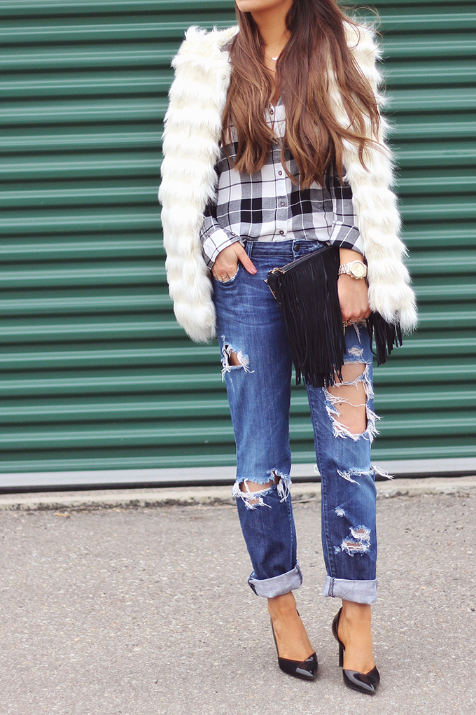 Faux Fur + Distressed Denim // JustineCelina.com