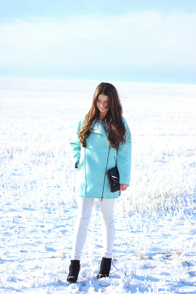 Minty Fresh | How to Wear Winter Pastels | Moto Cocoon Coat in Surf Spray // JustineCelina.com