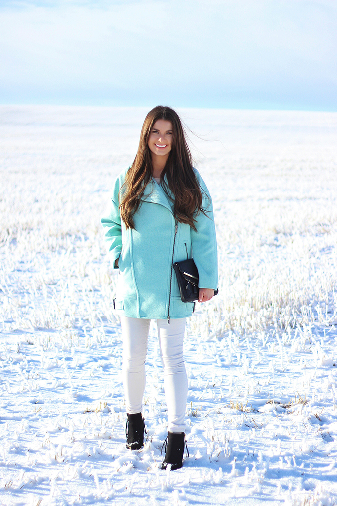 Minty Fresh | How to Wear Winter Pastels | Moto Cocoon Coat in Surf Spray // JustineCelina.com