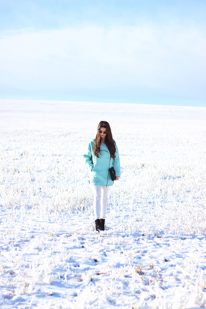 Minty Fresh | How to Wear Winter Pastels | Moto Cocoon Coat in Surf Spray // JustineCelina.com