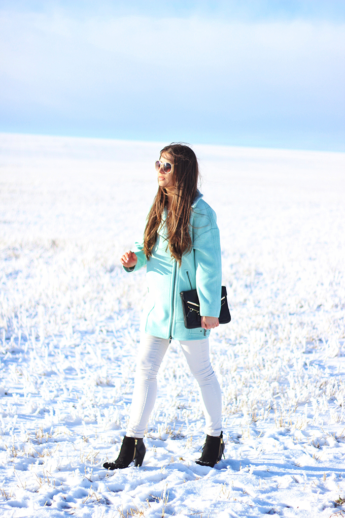 Minty Fresh | How to Wear Winter Pastels | Moto Cocoon Coat in Surf Spray // JustineCelina.com
