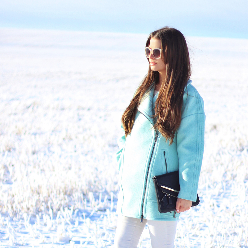 Minty Fresh | How to Wear Winter Pastels | Moto Cocoon Coat in Surf Spray // JustineCelina.com