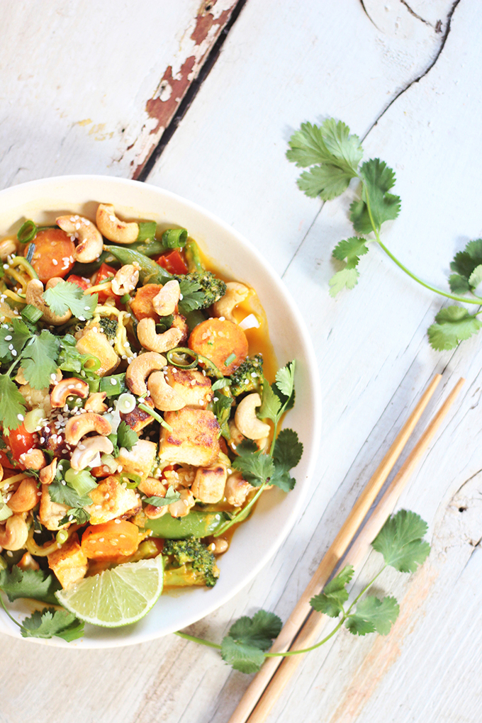 Carrot Cashew Zoodles with Crispy Sesame Tofu // JustineCelina.com