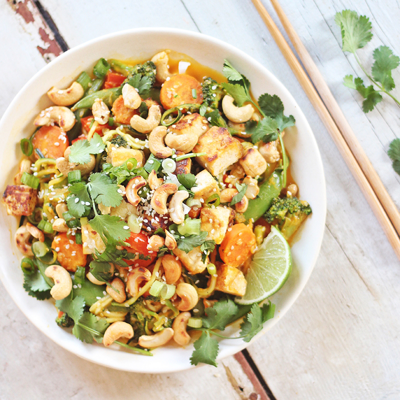 Carrot Cashew Zoodles with Crispy Sesame Tofu // JustineCelina.com