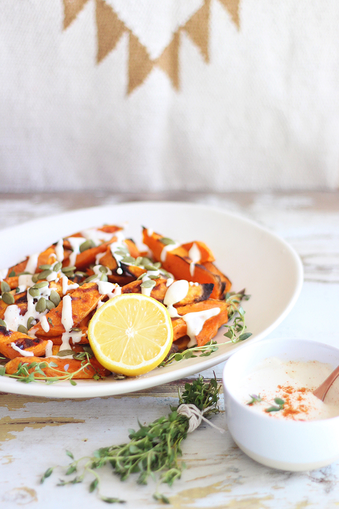 Roasted Sweet Potato Fries with Lemon Tahini Sauce // JustineCelina.com