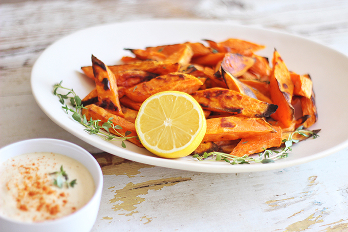 Roasted Sweet Potato Fries with Lemon Tahini Sauce // JustineCelina.com