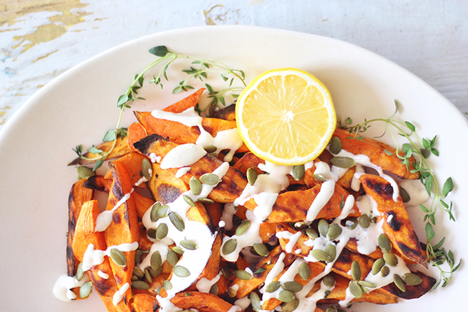 Roasted Sweet Potato Fries with Lemon Tahini Sauce // JustineCelina.com