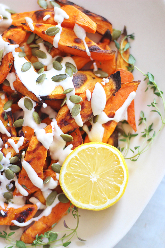 Roasted Sweet Potato Fries with Lemon Tahini Sauce // JustineCelina.com