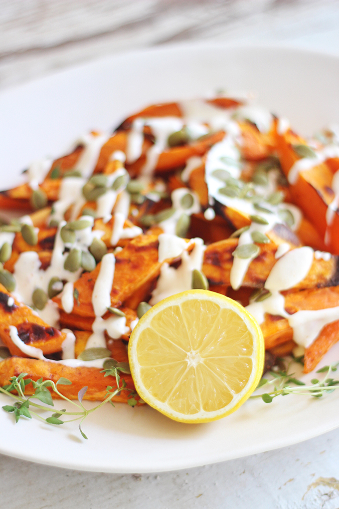 Roasted Sweet Potato Fries with Lemon Tahini Sauce // JustineCelina.com