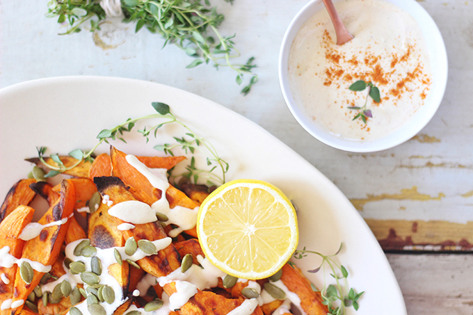 Roasted Sweet Potato Fries with Lemon Tahini Sauce // JustineCelina.com