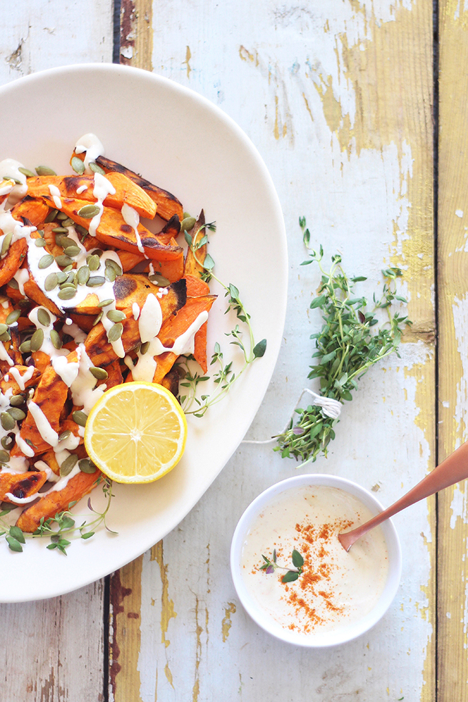 Roasted Sweet Potato Fries with Lemon Tahini Sauce // JustineCelina.com