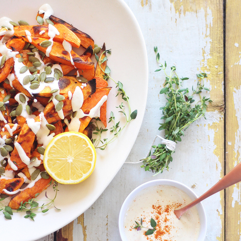 Roasted Sweet Potato Fries with Lemon Tahini Sauce // JustineCelina.com