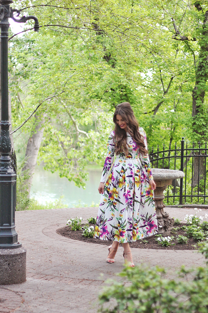 What to Wear to a Spring Wedding | SheIn Muiticolour Long Sleeve Flowery Floral Pastel Dress // JustineCelina.com