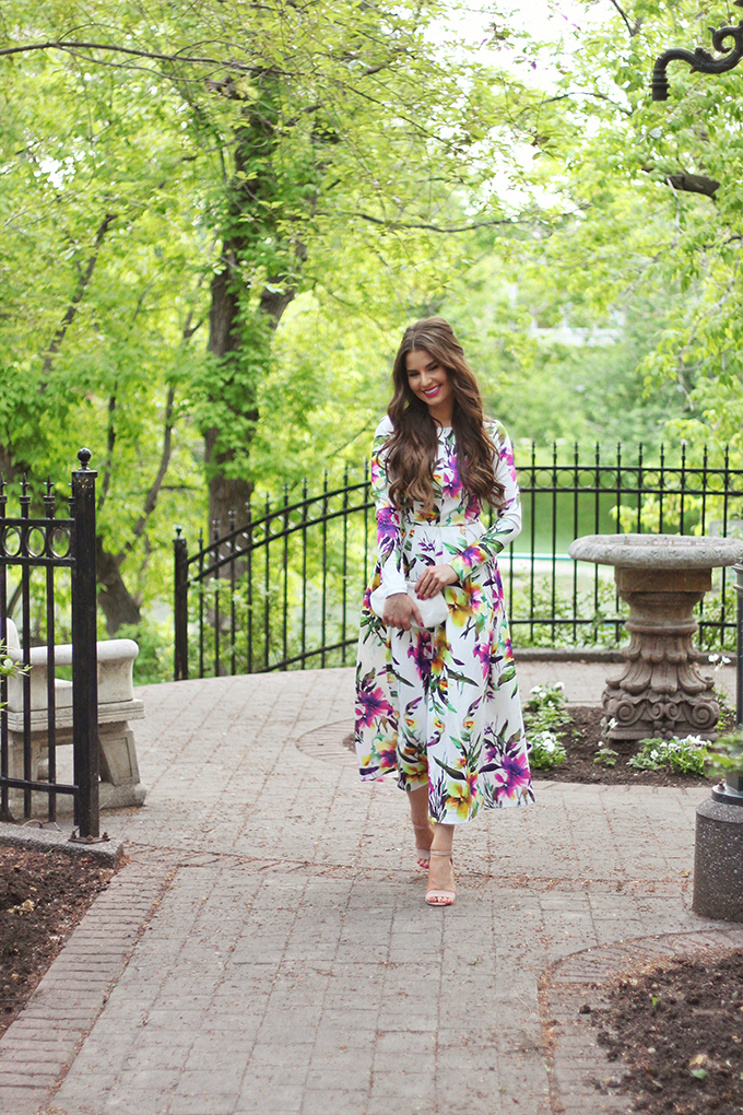 What to Wear to a Spring Wedding | SheIn Muiticolour Long Sleeve Flowery Floral Pastel Dress // JustineCelina.com