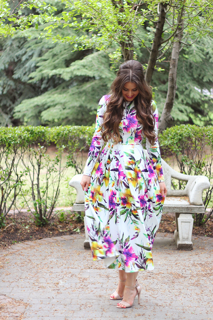 What to Wear to a Spring Wedding | SheIn Muiticolour Long Sleeve Flowery Floral Pastel Dress // JustineCelina.com