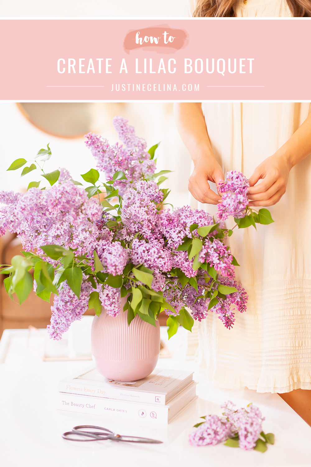 How to Create a Lilac Bouquet | Smiling brunette woman in a flowy linen dress creating an oversized lilac arrangement in her neutral mid century meets boho modern living room | DIY Lilac Flower Arrangement | How to Forage Lilacs | How to Prolong Lilac Vase Life | How to Arrange Lilacs | Fresh Lilac Flower Bouquet | Extremely Pretty Lilac Arrangement | Purple Lilac Arrangement | How to Cut Lilacs from a tree or bush | Calgary Creative Lifestyle Blogger // JustineCelina.com