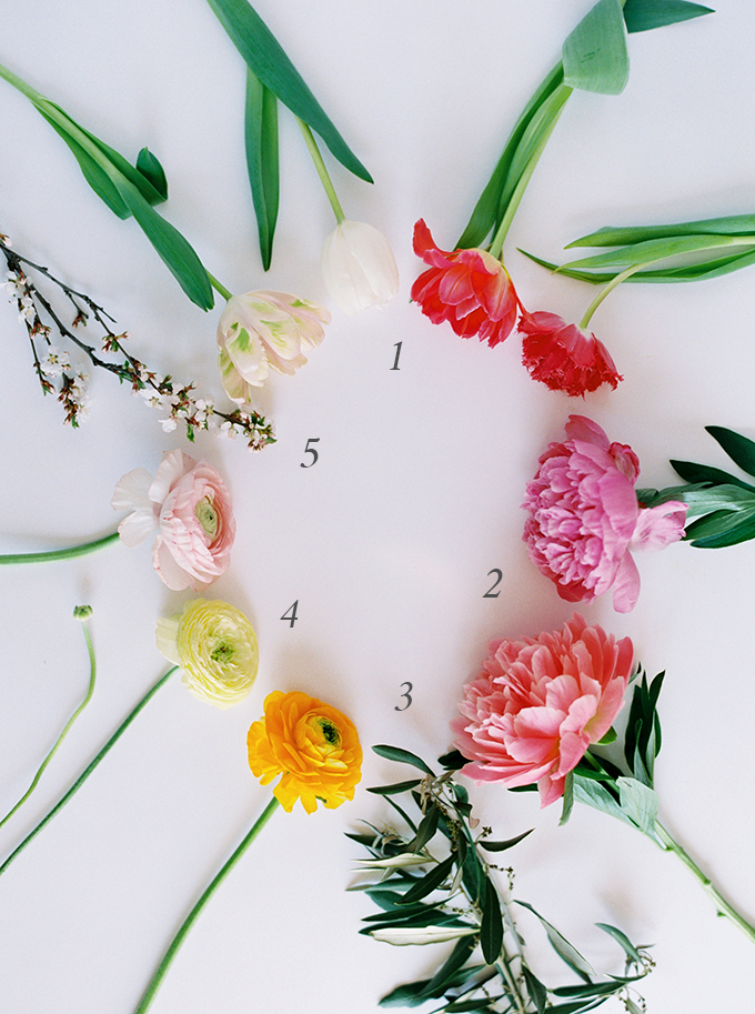 DIY | How to Make a Summer Flower Arrangement with Rebecca Dawn Design | Colourful Summer Arrangement with peonies, ranunculus, fringe tulips, double tulips, parrot tulips, craspedia, Nanking cherry blossoms and olive branches // JustineCelina.com
