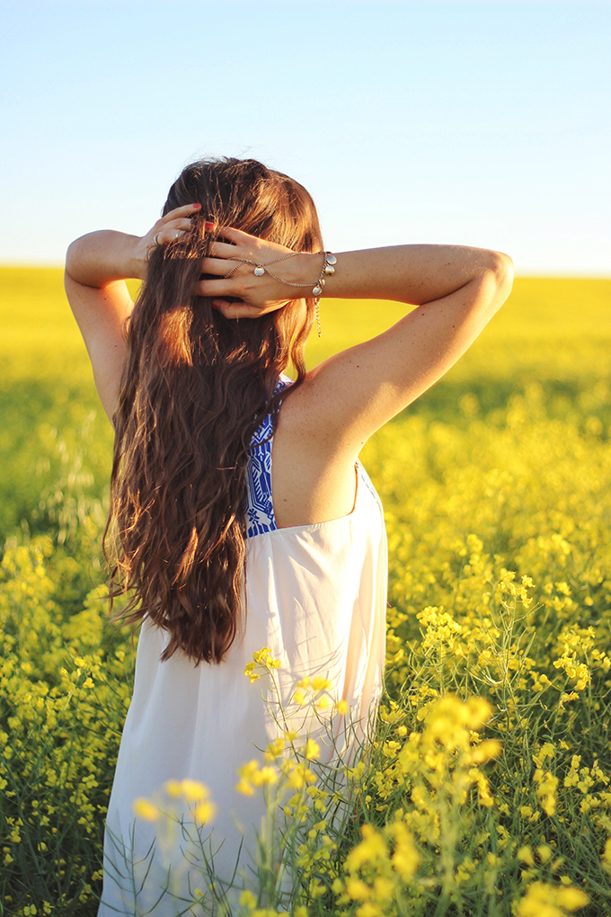 Here Comes the Sun | Carefree Summer Style in a Canola Field | Bohemian Summer Hairstyle with a Deep Waver | Calgary Fashion Blogger // JustineCelina.com