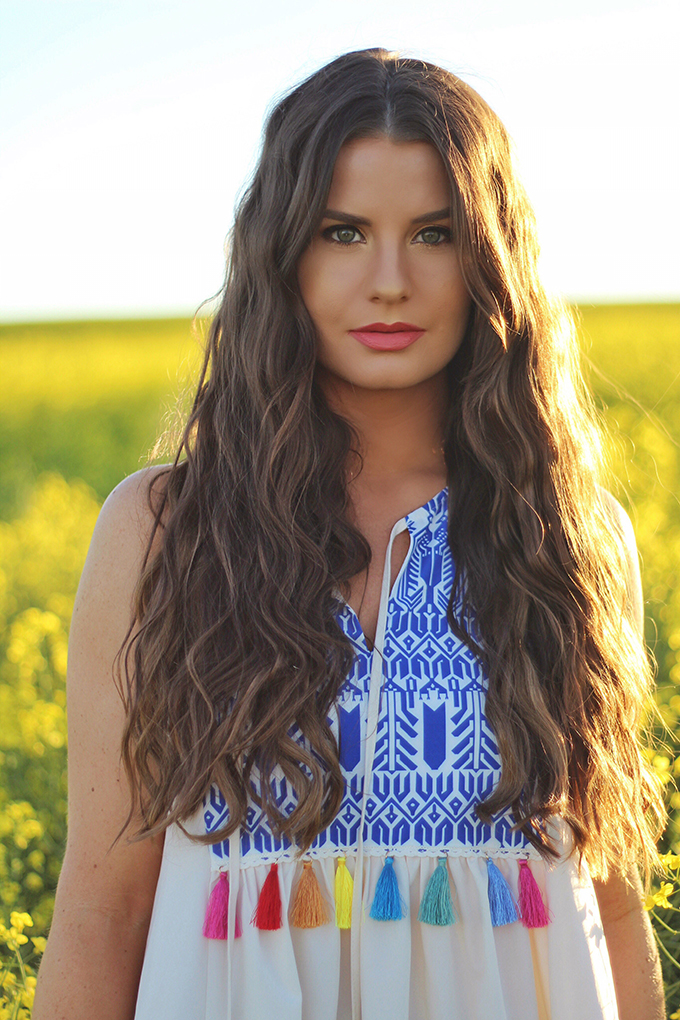 Here Comes the Sun | Carefree Summer Style in a Canola Field | Bohemian Summer Hairstyle with a Deep Waver | Calgary Fashion Blogger // JustineCelina.com