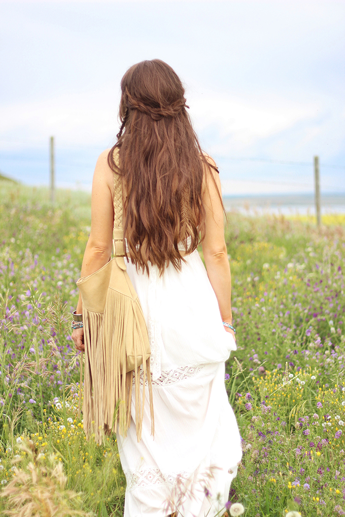 What to Wear to | The Calgary Stampede | Bohemian White Maxi Dress in a Field of Wildflowers // JustineCelina.com