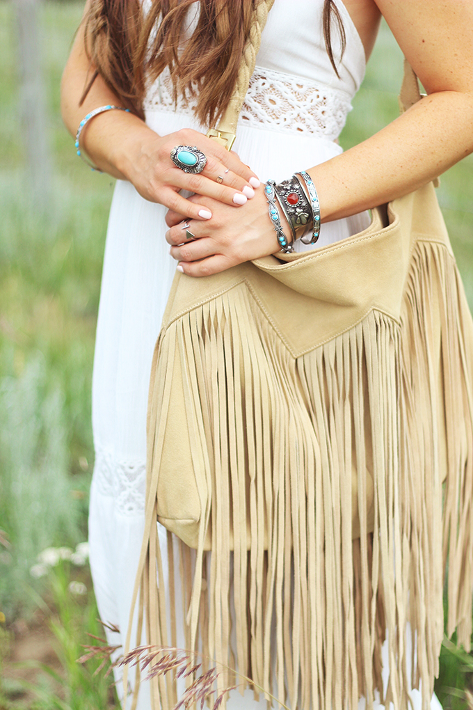 What to Wear to | The Calgary Stampede | Suede Fringe Bag with Turquoise and Stone Silver Jewellery // JustineCelina.com