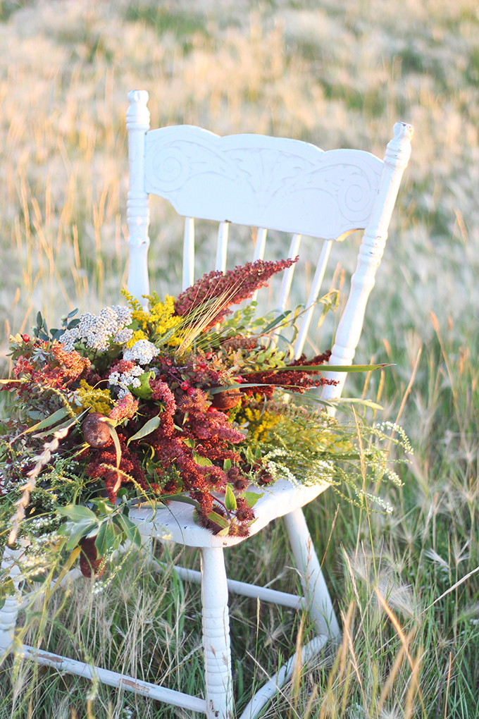 Foraged Prairie Wildflower Bouquet on a White Antique Chair in a Field | Calgary, Alberta, Canada // JustineCelina.com