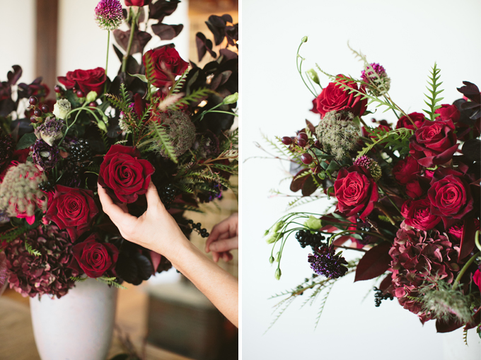 Luxe Holiday Floral Inspiration | Moody Winter Flower Arrangement with Black Magic Roses, Black Baccara Roses Gem and Lace Spray Garden Roses, Liqustrom, Hypericum, Allium, Lisianthus, Scabiosa, Chocolate Lace, Cotinus, Photina and Grevillea by Rebecca Dawn Design // JustineCelina.com