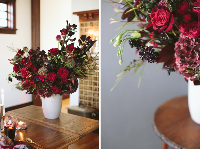 Luxe Holiday Floral Inspiration | Moody Winter Flower Arrangement with Black Magic Roses, Black Baccara Roses Gem and Lace Spray Garden Roses, Liqustrom, Hypericum, Allium, Lisianthus, Scabiosa, Chocolate Lace, Cotinus, Photina and Grevillea by Rebecca Dawn Design // JustineCelina.com