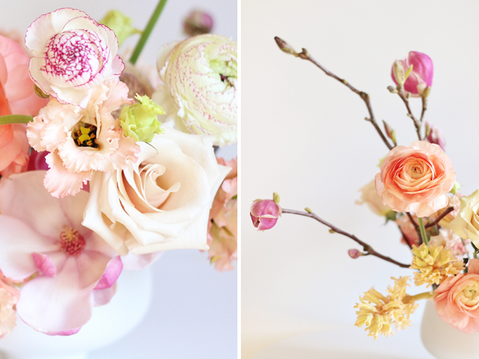 A Blushing Spring Arrangement with Coral Japanese Ranunculus, Lisianthus, Hyancith, Magnolia and Quicksand Roses | Spring Wedding Flower Ideas | Pantone Colour Trends Spring 2017 // JustineCelina.com