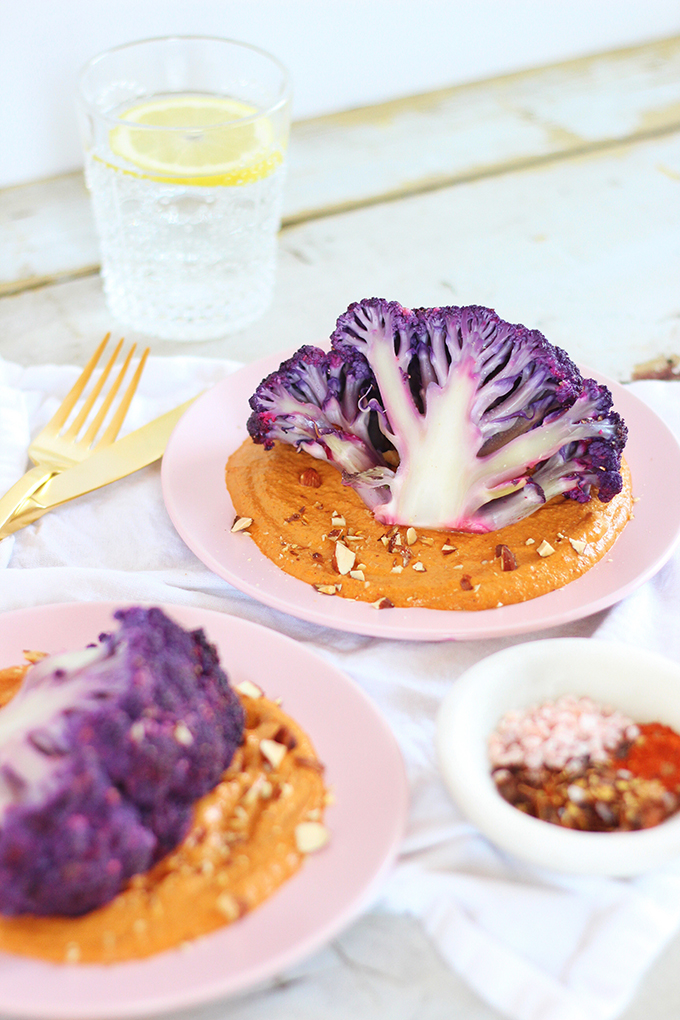 Roasted Purple Cauliflower with Red Pepper Romesco | Wild Rose D-Tox Friendly! // JustineCelina.com 