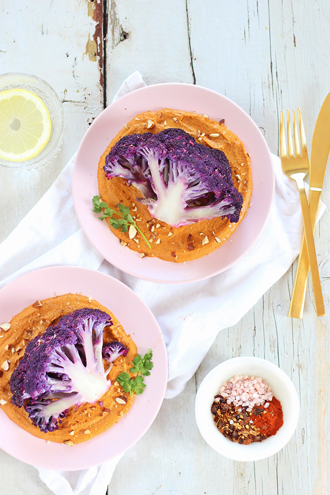 Roasted Purple Cauliflower with Red Pepper Romesco | Wild Rose D-Tox Friendly! // JustineCelina.com