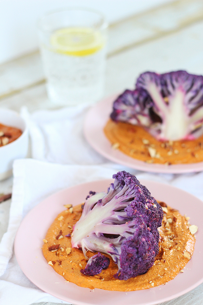 ProcessRoasted Purple Cauliflower with Red Pepper Romesco | Wild Rose D-Tox Friendly! // JustineCelina.com