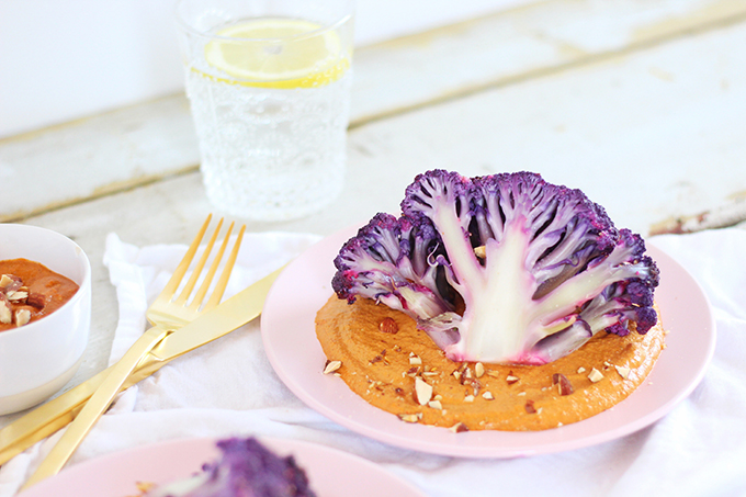 ProcessRoasted Purple Cauliflower with Red Pepper Romesco | Wild Rose D-Tox Friendly! // JustineCelina.com