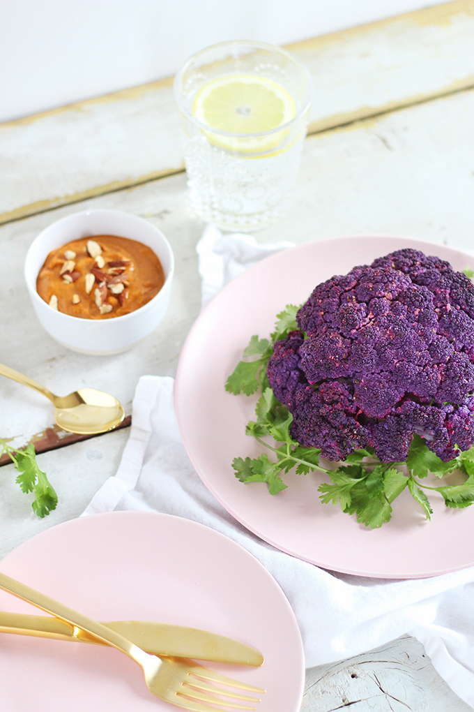 Roasted Purple Cauliflower with Red Pepper Romesco | Wild Rose D-Tox Friendly! // JustineCelina.com