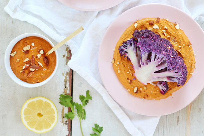 Roasted Purple Cauliflower with Red Pepper Romesco | Wild Rose D-Tox Friendly! // JustineCelina.com