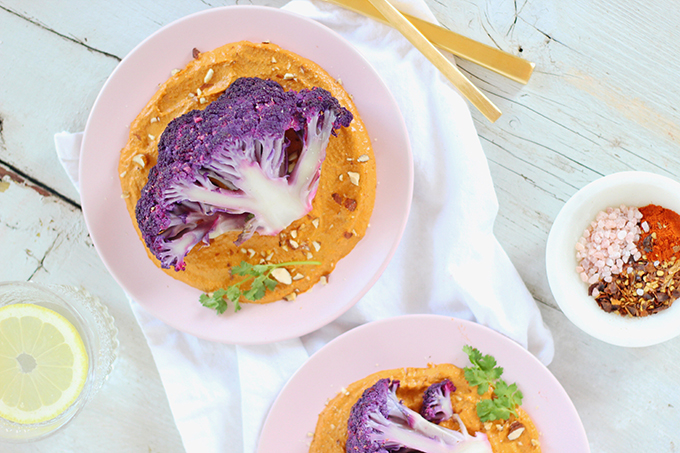 Roasted Purple Cauliflower with Red Pepper Romesco | Wild Rose D-Tox Friendly! // JustineCelina.com
