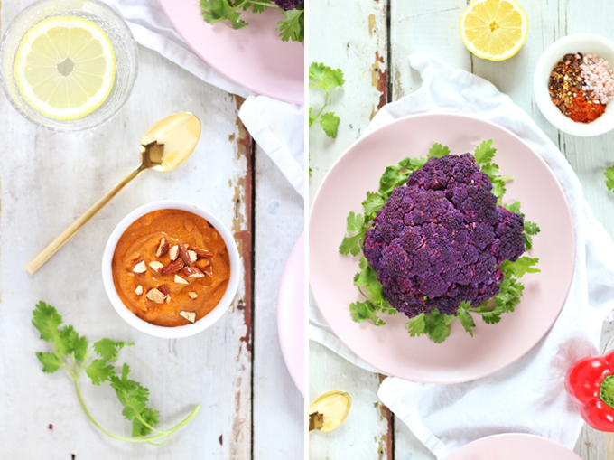 Roasted Purple Cauliflower with Red Pepper Romesco // JustineCelina.com