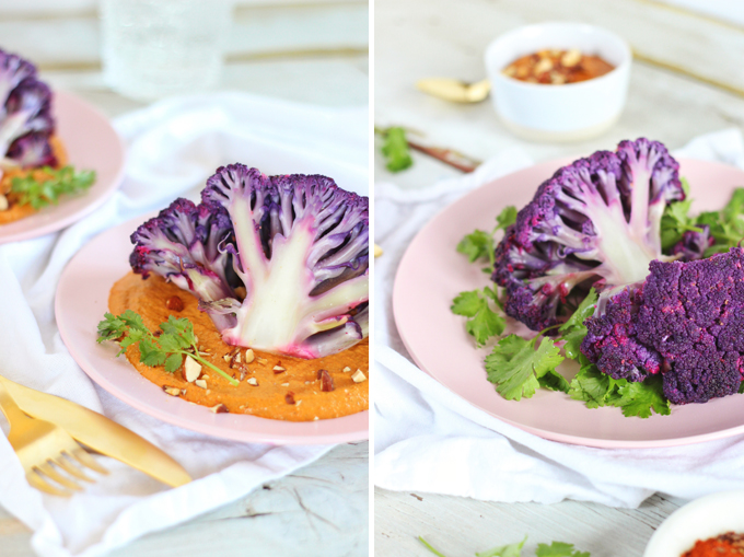 Roasted Purple Cauliflower with Red Pepper Romesco // JustineCelina.com