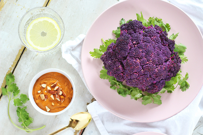 Roasted Purple Cauliflower with Red Pepper Romesco | Wild Rose D-Tox Friendly! // JustineCelina.com