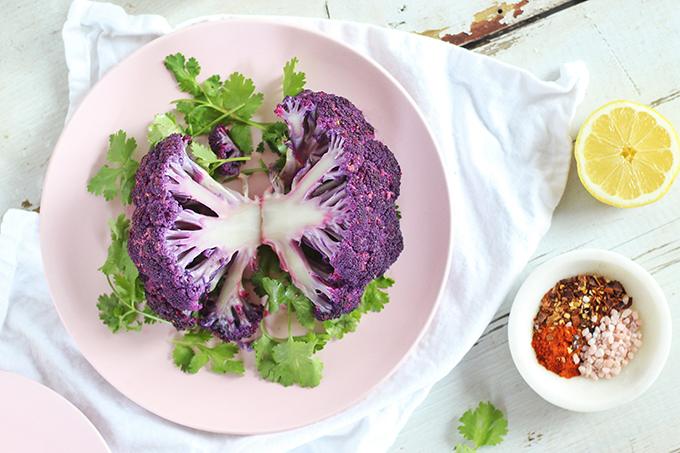 Roasted Purple Cauliflower with Red Pepper Romesco | Wild Rose D-Tox Friendly! // JustineCelina.com