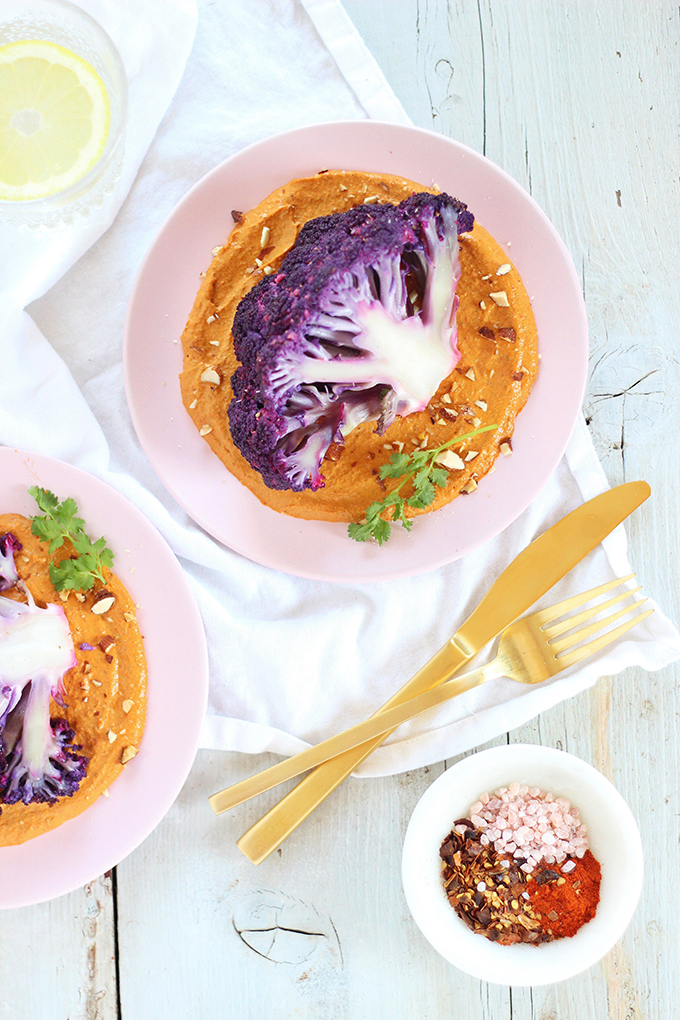 Roasted Purple Cauliflower with Red Pepper Romesco | Wild Rose D-Tox Friendly! // JustineCelina.com