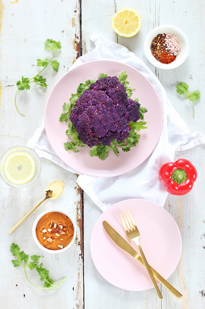 Roasted Purple Cauliflower with Red Pepper Romesco | Wild Rose D-Tox Friendly! // JustineCelina.com