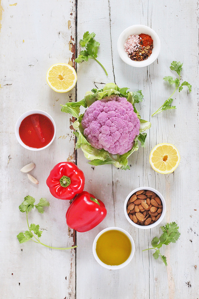 Roasted Purple Cauliflower with Red Pepper Romesco // JustineCelina.com