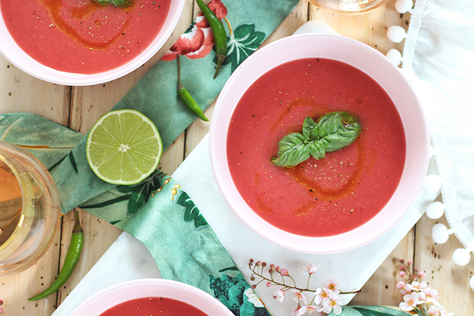 Spiced Strawberry Watermelon Gazpacho // JustineCelina.com