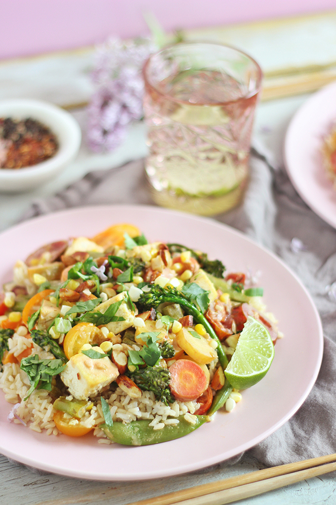 Spring Vegetable Stirfry with Coconut Ginger Tofu (Wild Rose D-Tox Friendly!) // JustineCelina.com #sponsored