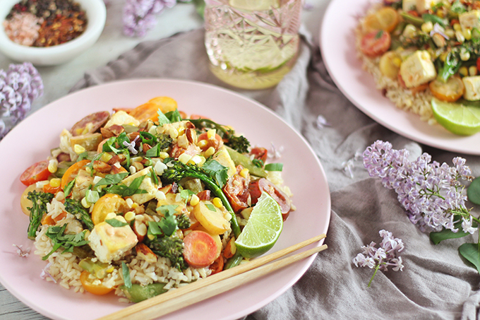 Spring Vegetable Stirfry with Coconut Ginger Tofu (Wild Rose D-Tox Friendly!) // JustineCelina.com #sponsored